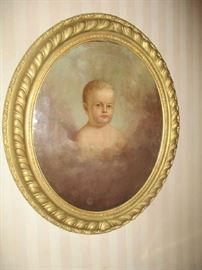 Oil painting, Portrait, mid 19th century child, oval gold frame