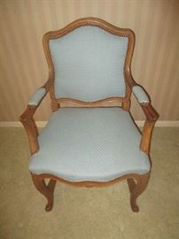 Arm chair, American French provincial style, fruitwood frame, light blue upholstery