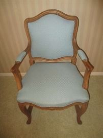 Arm chair, American French provincial style, fruitwood frame, light blue upholstery