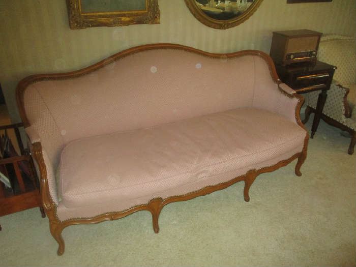 Sofa, fruitwood frame, pink upholstery