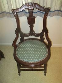 Victorian parlor chair, teal print upholstery, shield back