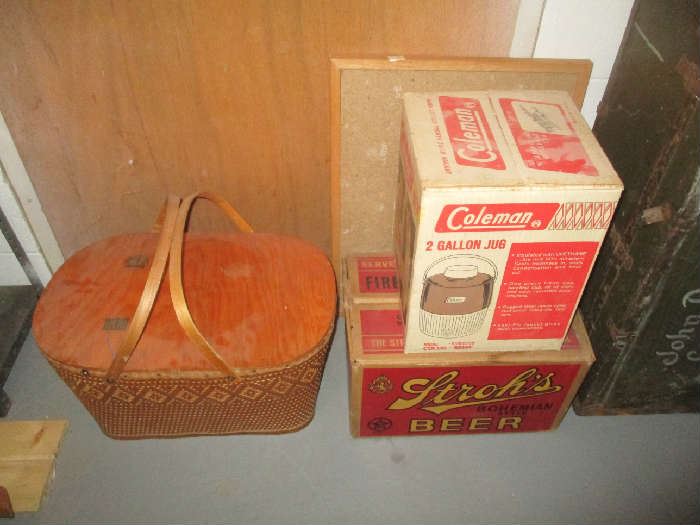 Picnic basket, Coleman cooler and beer crate