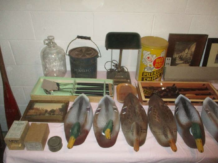 Duck decoys, tin and assorted items