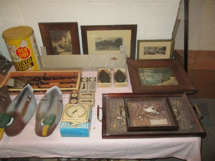 Duck decoys, clock, pictures and trays