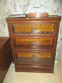 Antique Oak Stack Bookcase, 3 section, one with leaded glass, circa 1900