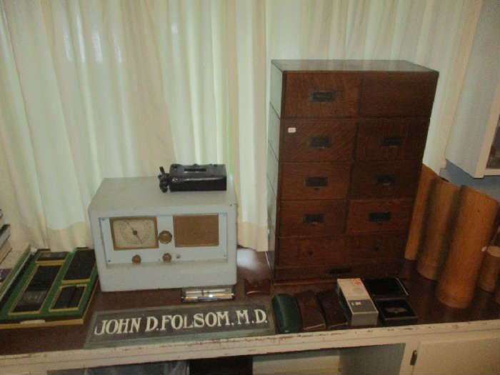 Antique radio, Oak Cabinet and assorted items