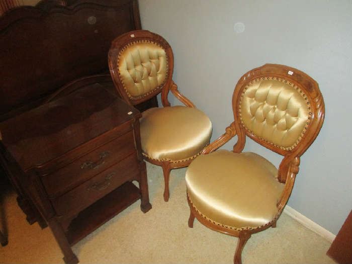 Pair of Victorian Parlor Side Chair, walnut, gold satin upholstery