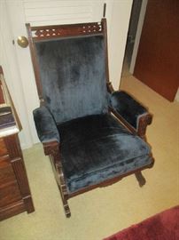 Antique Victorian parlor platform rocker, walnut, blue velvet, circa 1860