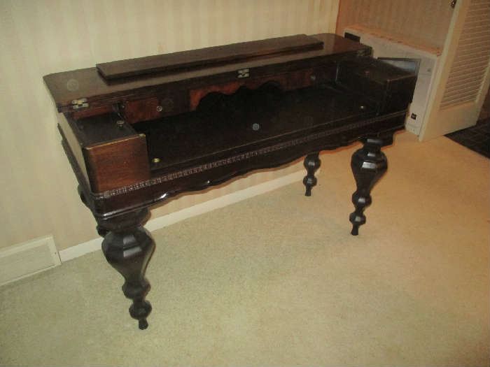 Antique Spinet Desk, dark mahogany, hinged top, turned leg, circa 1910