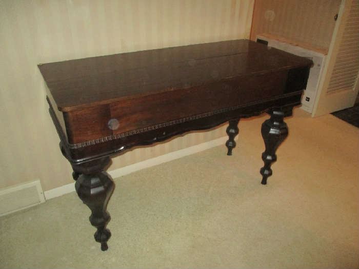 Antique Spinet Desk, dark mahogany, hinged top, turned leg, circa 1910