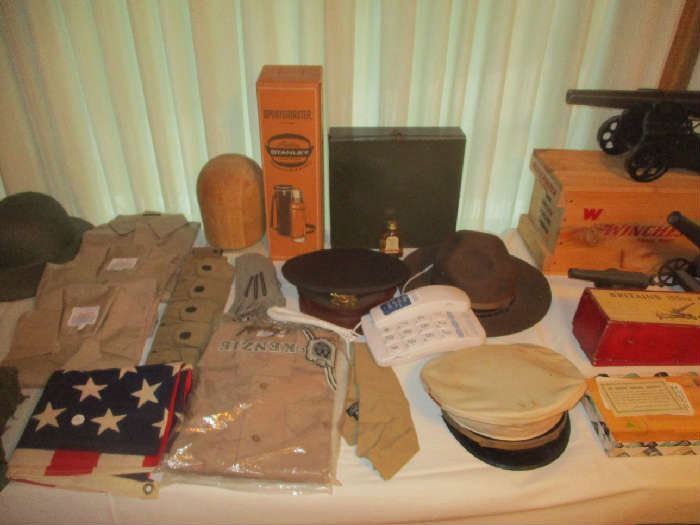 Assorted Military hats, Helmets and clothing