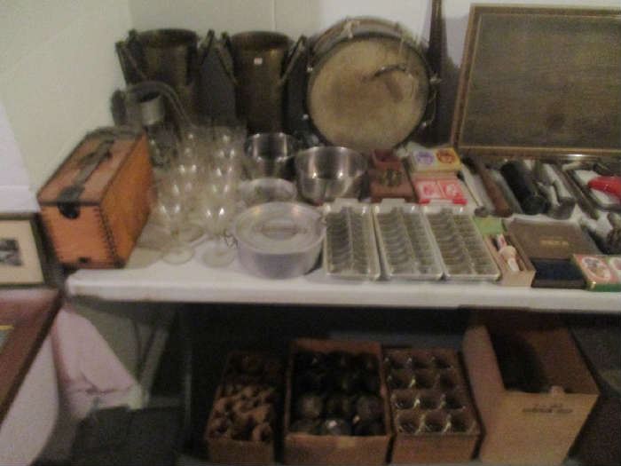 Glassware, Drum and assorted items