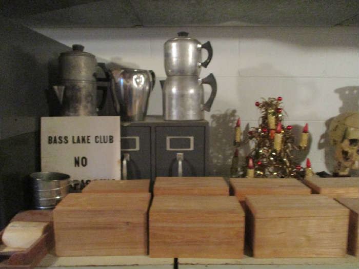 Wood boxes, Coffee pots and assorted items