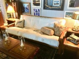 Wood Framed Futon and 3 Leather Top Antique Tables