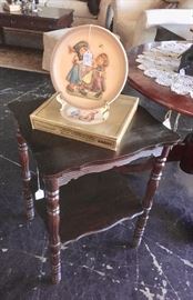 Small Wooden Table and a 1980 Hummel Plate with original box and Cert of Authenticity 