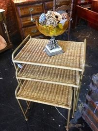 Vintage, 3-Piece, Metal and Wicker Nesting Tables in Excellent Condition