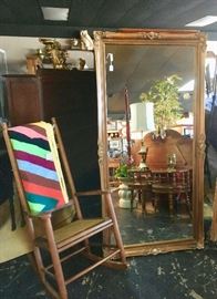 72" Mirror and Antique Rocker & King Sized Handmade Quilt