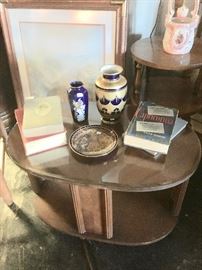 Oval Shaped, Mid Century Modern Small Table with Glass Top
