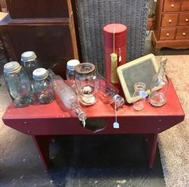 Red Wooden Bench, Blue Mason Jars, Glass Rolling Pins, Small 1/2 Pint Milk Jar, and Small Vintage Chalkboard