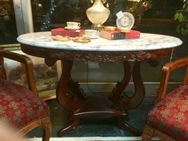 Large Oval Marble Top w/Carved Wooden Bottom and Edges
