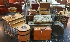 Vintage Nesting Tables, Cold Drink Keg w/insulated liner, Leather Vintage Suitcase, Trunks, Royal Cola Crates...