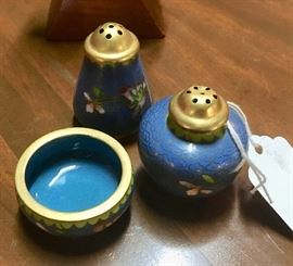 Vintage  Blue Cloisonné Salt Cellar w/ Salt & Pepper Shakers
