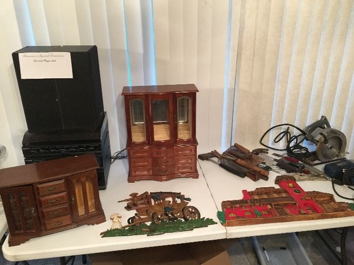 Stereo System and 2 jewelry boxes, tools
