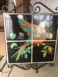 Exotic parrot plaque in a wrought iron frame from the Catalina Pottery & Tile Co., c. 1927-1937