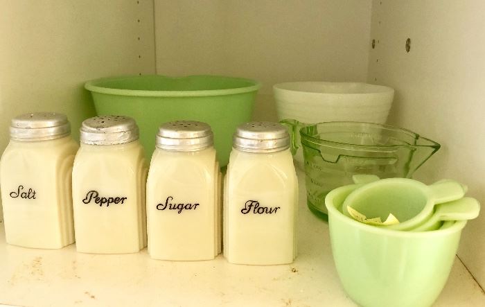 Hoosier kitchen salt, pepper, sugar and flour shakers and some vintage jadeite glass pieces