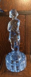 Antique Cambridge blue clear glass figural crystal draped lady "Bashful Charlotte" Frog Flower Holder at 12-1/2"