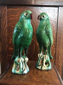 19th C Chinese export green glaze pottery parrots