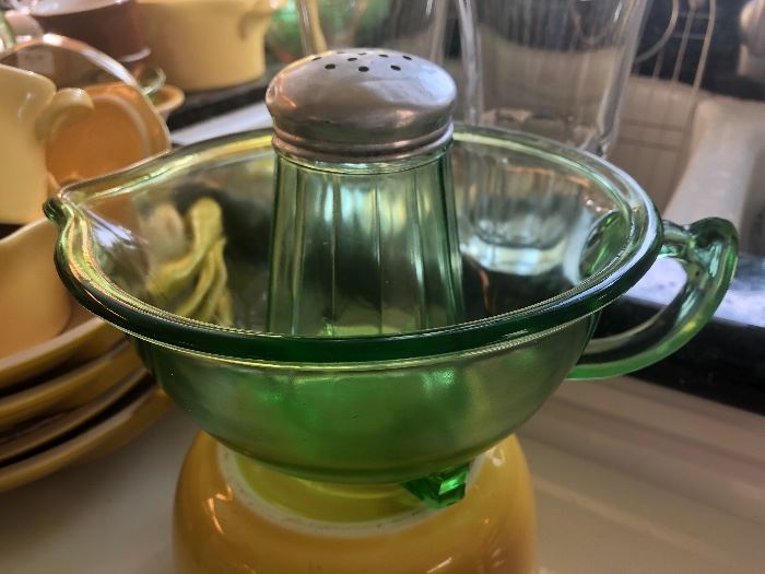 Heisey green glass batter bowl and powder sugar shaker