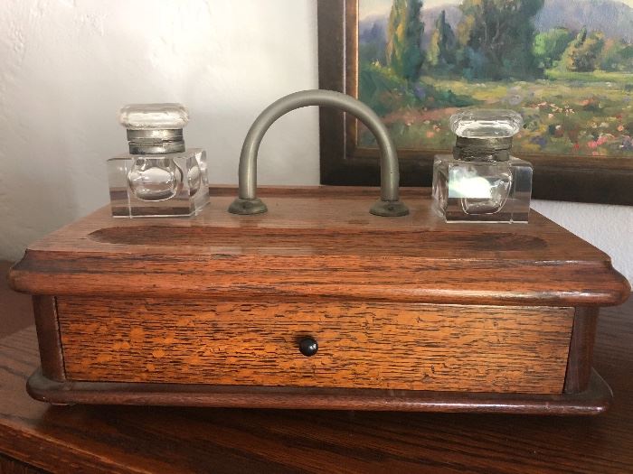 Antique pen drawer and crystal inkwells 