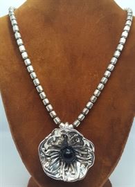 Sterling Silver Hand Made Tube Bead Necklace with Flower Pin Pendant