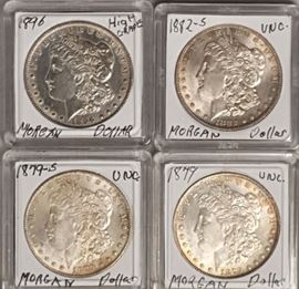 4 Morgan Silver Dollars  - 1879, 1879-S, 1882-S, 1896