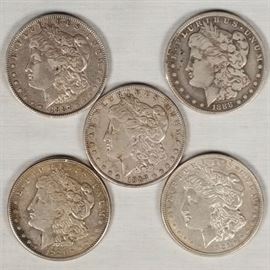 5 Morgan Silver Dollars - 	
1887, 1888, 1888-O, 1921-D & 1921-S