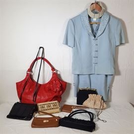 Whiting and Davis Mesh, Michael Kors, beaded art hard case by M&J Hansen Designs, black satin clutch red leather bag with raised flower, St Johns sweater suit with rhinestone button clasps, costume pear collar necklace and more 