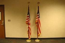 2 US Flags on Wood Poles in Heavy Bases
