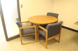 Steel Based Wood Top Table and 3 Wood Framed Chairs
