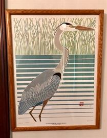 Ikki Matsumoto Framed Great Blue Heron - Island Reporter Sanibel 1985, Framed.