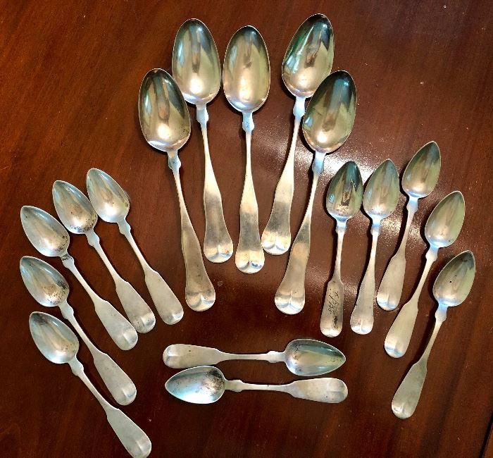 Newell Harding & Co. Boston, MA - Coin Silver, 19th C- set of 12 teaspoons and 5 serving spoons