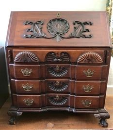 Antique  block  front Carved Mahogany Shell Carved Drop Front Secretary Desk, 