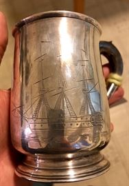 18th c. English Sterling Silver Mug with ship 