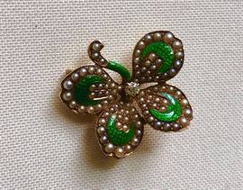 14 K, pearls and green enamel with small diamond