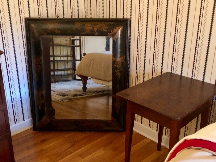 Hand Painted, Beveled Chinoiserie Mirror & Hepplewhite Furnishings