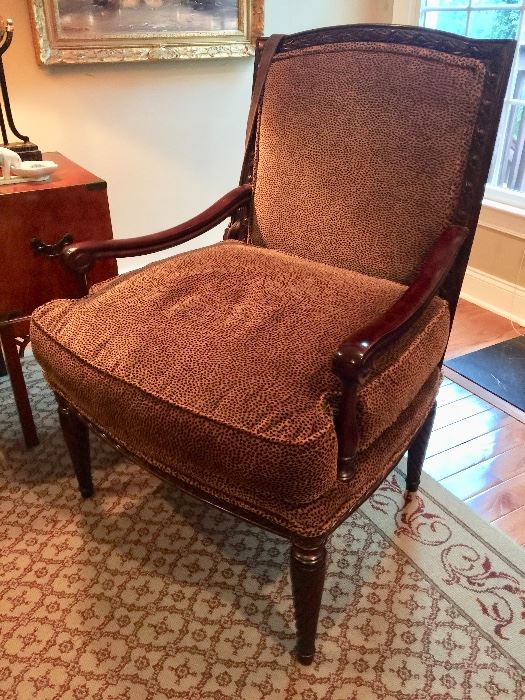 22. Carved Wood Framed Accent Chair with Faux Animal Print Upholstery (32" x 28" x 40")