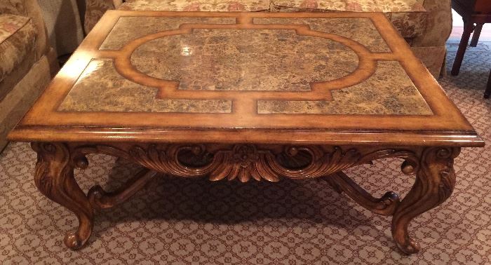 23. Maitland Smith Carved Wood Coffee Table w/ Granite Inlay (52" x 41" x 22")