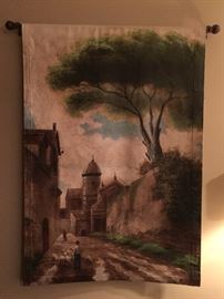 16. Painted Canvas Wall Hanging of Country Scene (39" x 48")