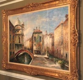 55. Oil Painting of Venetian Scene by C. Laugen in Gilt Carved Frame (59" x 48")