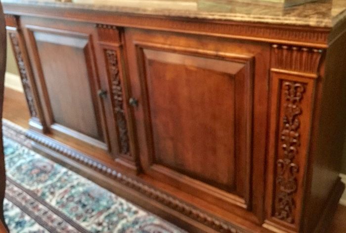 57. Carved Wood Sideboard w/ 2 Drawers and Granite Top (64" x 19" x 35")